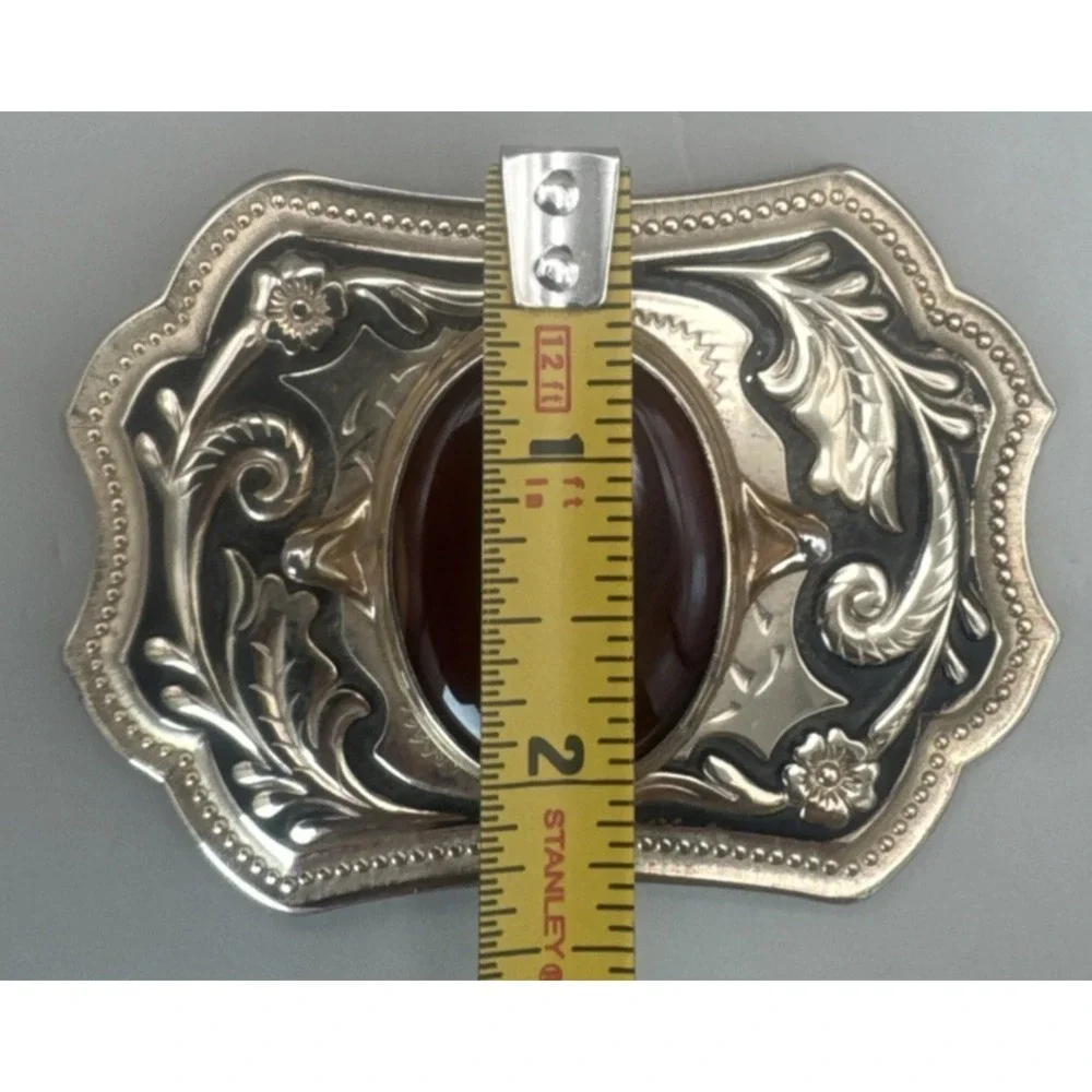 Vintage Western Agate Cabochon Engraved Floral Cowboy Belt Buckle Gold Toned